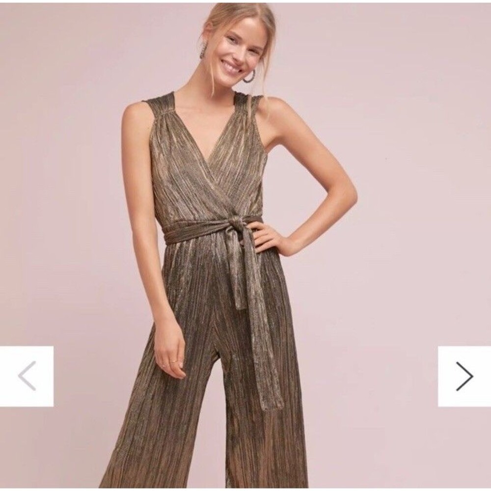 Anthropologie Womens XL  Vanessa Virginia Pont Neuf Gold Metallic Jumpsuit